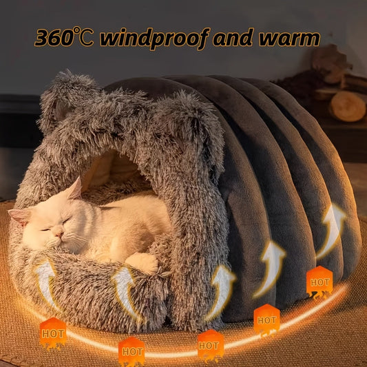 Plush Fleece Cat Cave Bed for Winter Comfort-1