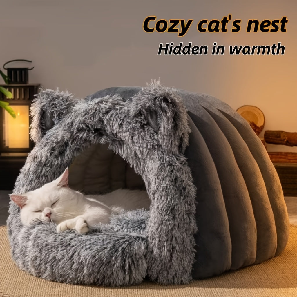 Plush Fleece Cat Cave Bed for Winter Comfort-2